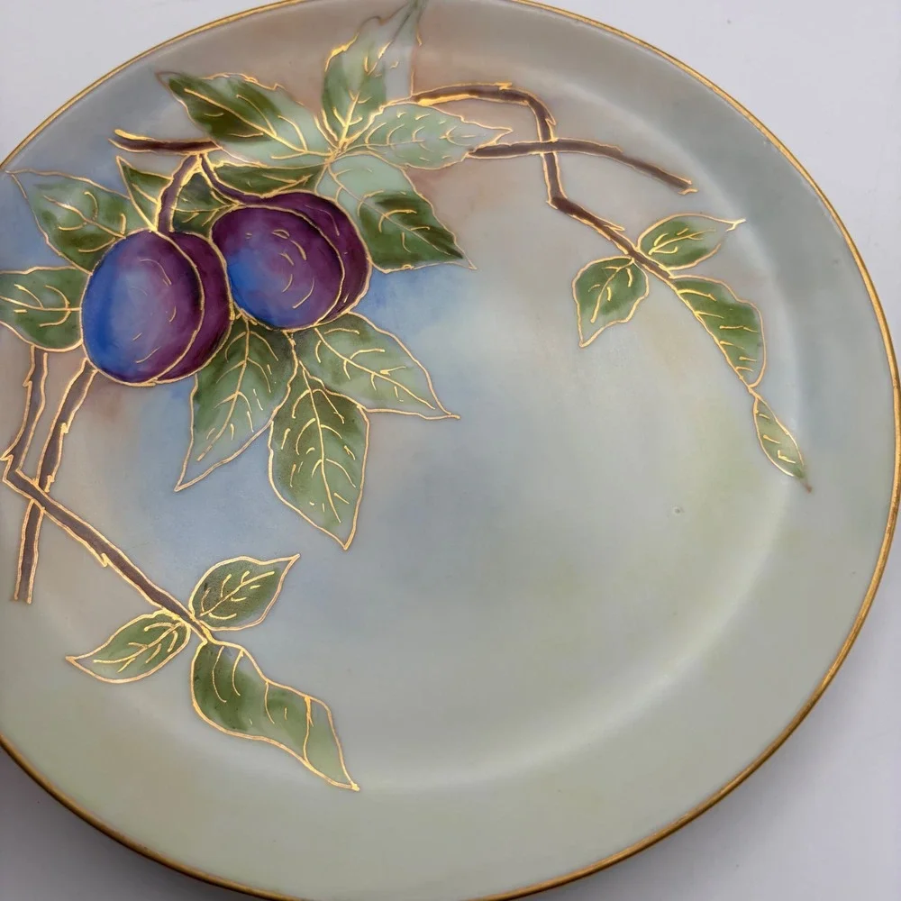 Vintage Hand Painted Plum Fruit Gold Trim Decorative Salad Plate 7.5